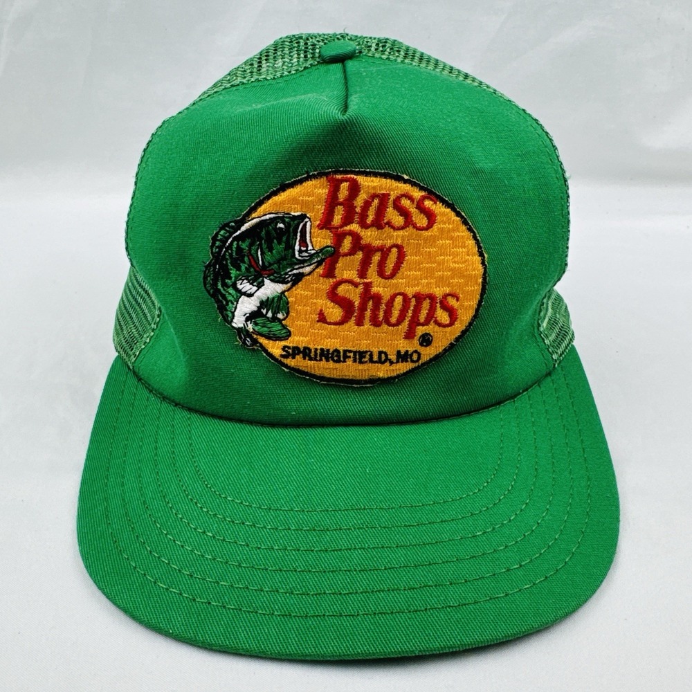 Vintage 80s Bass Pro Shops Trucker Hat USA Made Snapback Green Mesh Fishing Cap